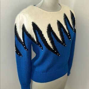 Vintage Susann d angora blend blue white black silver stud sweater small s